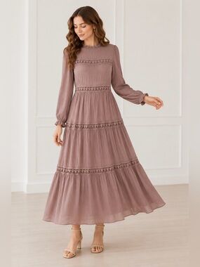 Long Sleeve Dusty Mauve Maxi Dress with Lace Trim